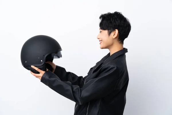 Joven Chica Asiática Con Casco Motocicleta Sobre Fondo Blanco Aislado — Foto de Stock