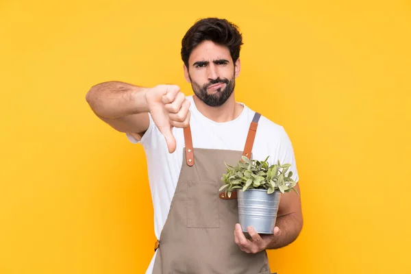 Gardener man with beard over isolated yellow background showing thumb down sign