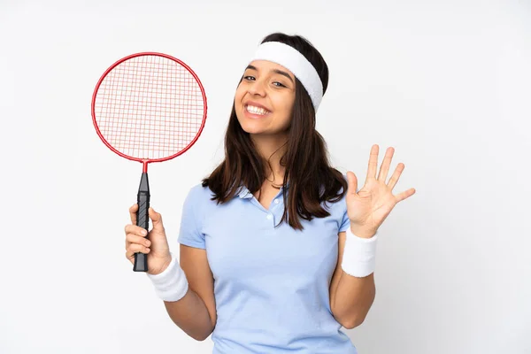 Joven Jugador Bádminton Mujer Sobre Fondo Blanco Aislado Saludando Con — Foto de Stock