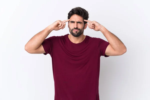 Jeune Homme Beau Avec Barbe Sur Fond Blanc Isolé Ayant — Photo