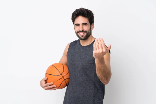 Jugador Baloncesto Hombre Con Barba Sobre Fondo Blanco Aislado Invitando —  Fotos de Stock