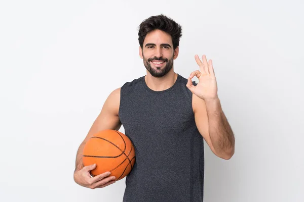 Jugador Baloncesto Hombre Con Barba Sobre Fondo Blanco Aislado Mostrando — Foto de Stock