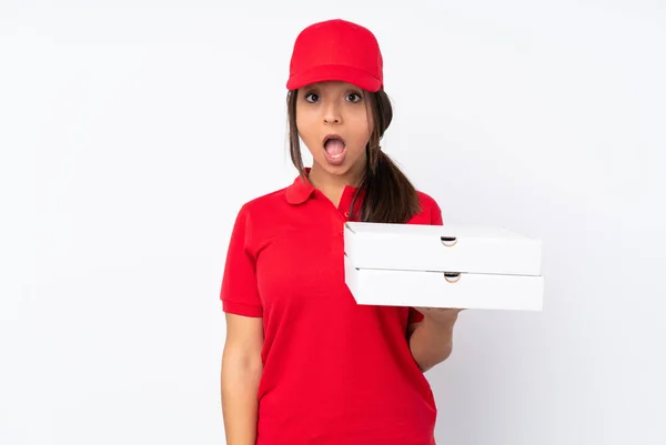Молодая Доставка Пиццы Изолированном Белом Фоне Неожиданным Выражением Лица — стоковое фото