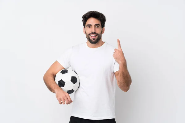 Joven Hombre Guapo Con Barba Sobre Fondo Blanco Aislado Señalando —  Fotos de Stock