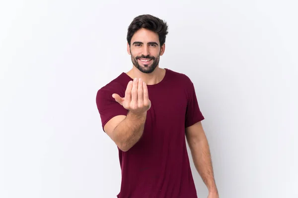 Jeune Homme Beau Avec Barbe Sur Fond Blanc Isolé Invitant — Photo