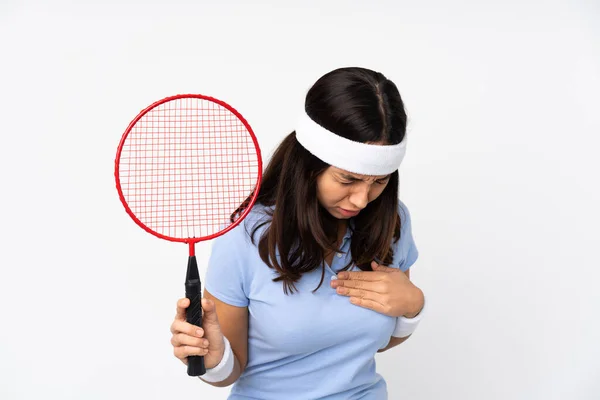 Jovem Badminton Jogador Mulher Sobre Isolado Branco Fundo Ter Dor — Fotografia de Stock