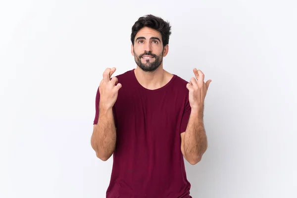 Young Handsome Man Beard Isolated White Background Fingers Crossing Wishing — Stock Photo, Image