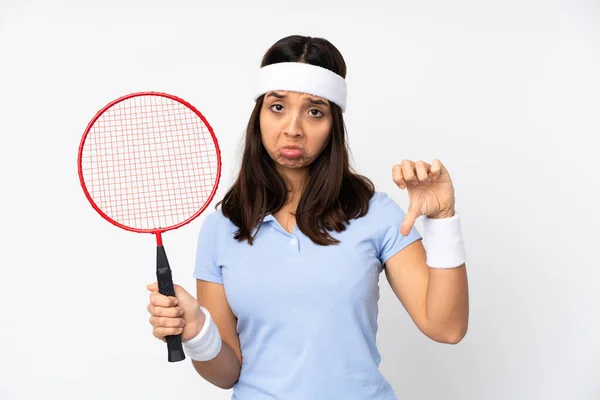 Joven Jugador Bádminton Mujer Sobre Fondo Blanco Aislado Mostrando Pulgar —  Fotos de Stock