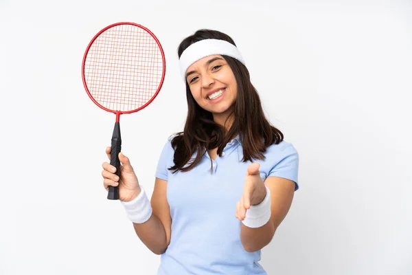 Jovem Badminton Jogador Mulher Sobre Isolado Branco Fundo Apertando Mãos — Fotografia de Stock