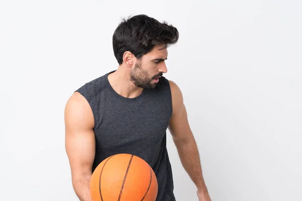 Joven Hombre Guapo Con Barba Sobre Fondo Blanco Aislado Jugando —  Fotos de Stock