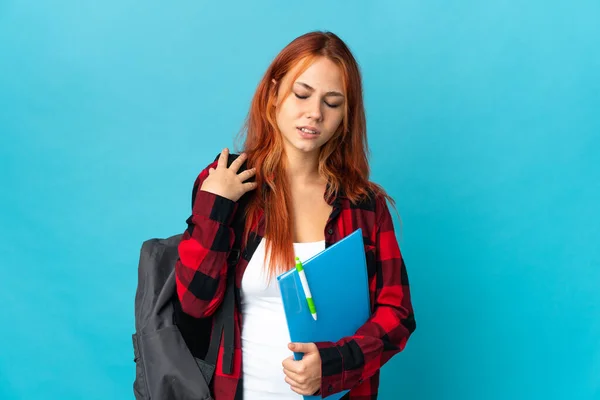 Tiener Student Russisch Meisje Geïsoleerd Blauwe Achtergrond Lijden Van Pijn — Stockfoto