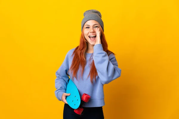 Teenager Russian Skater Girl Isolated Yellow Background Shouting Mouth Wide — Stock Photo, Image