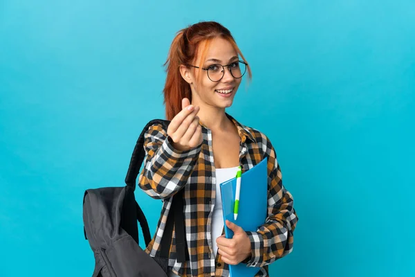 Adolescent Étudiant Russe Fille Isolé Sur Bleu Fond Faire Argent — Photo