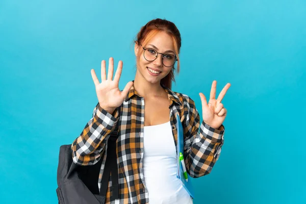 Adolescente Estudiante Ruso Chica Aislado Azul Fondo Contando Ocho Con —  Fotos de Stock