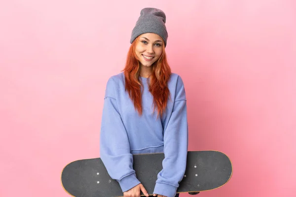 Teenager Russian Girl Isolated Pink Background Skate Happy Expression — Stock Photo, Image