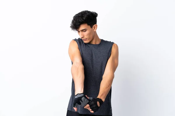 Jonge Argentijnse Sportman Geïsoleerde Witte Achtergrond Stretching Arm — Stockfoto