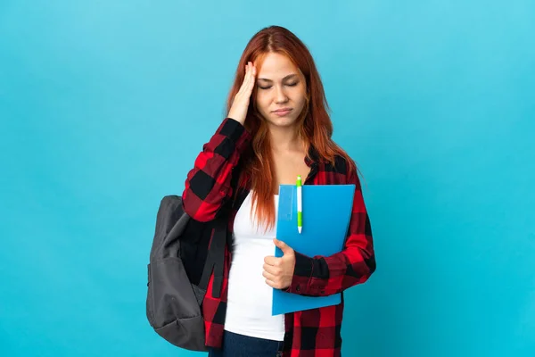 Tiener Student Russisch Meisje Geïsoleerd Blauwe Achtergrond Met Hoofdpijn — Stockfoto