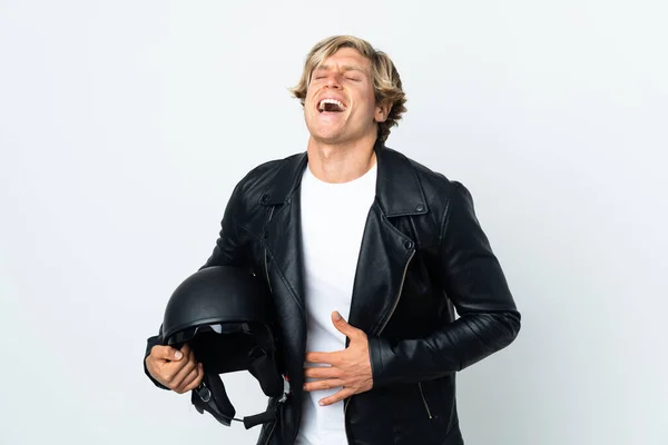 英語男を保持Aオートバイヘルメット多くの笑顔 — ストック写真
