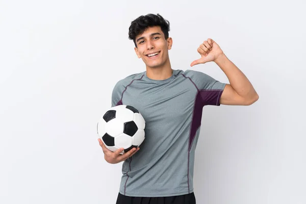 Argentijnse Voetballer Man Geïsoleerde Witte Achtergrond Trots Zelfvoldaan — Stockfoto