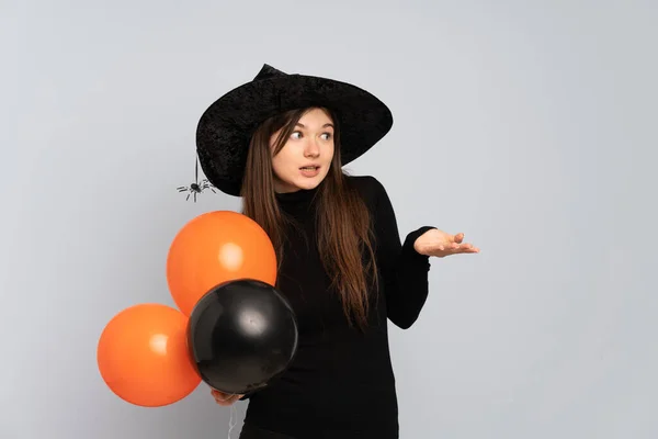 Jeune Sorcière Tenant Des Ballons Air Noir Orange Avec Une — Photo