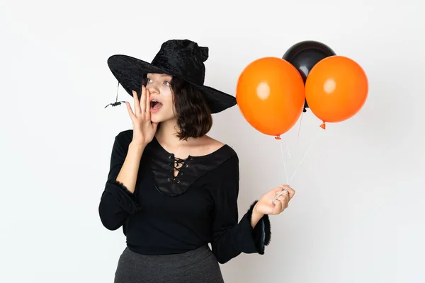 Jeune Sorcière Tenant Des Ballons Air Noir Orange Criant Bouche — Photo