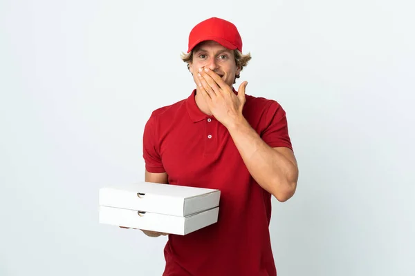 Pizza Leverans Man Över Isolerad Vit Bakgrund Glad Och Leende — Stockfoto