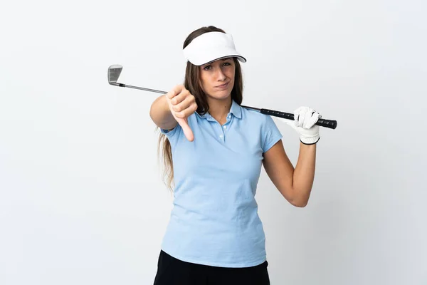 Junge Golferin Auf Isoliertem Weißem Hintergrund Zeigt Daumen Nach Unten — Stockfoto