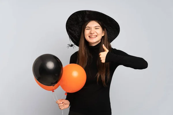 Jeune Sorcière Tenant Des Ballons Air Noir Orange Donnant Geste — Photo