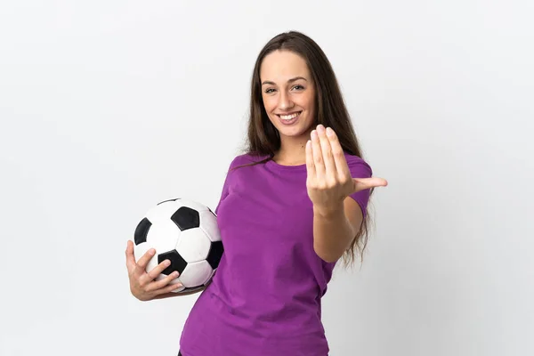 Jeune Femme Hispanique Sur Fond Blanc Isolé Avec Ballon Football — Photo