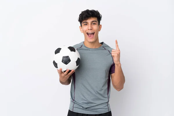 Argentinian Football Player Man Isolated White Background Pointing Great Idea — Stock Photo, Image