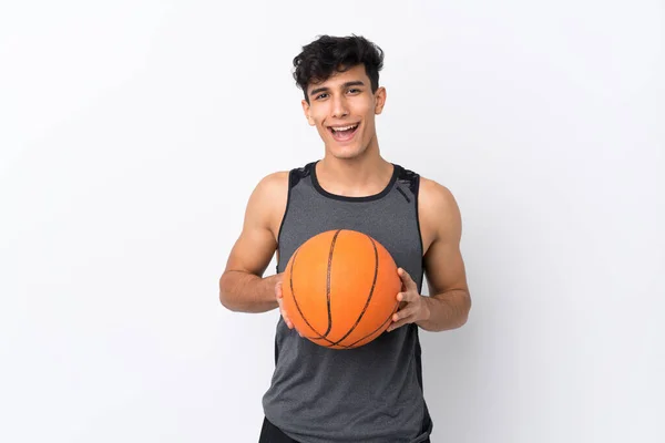 Joven Argentino Sobre Fondo Blanco Aislado Jugando Baloncesto — Foto de Stock