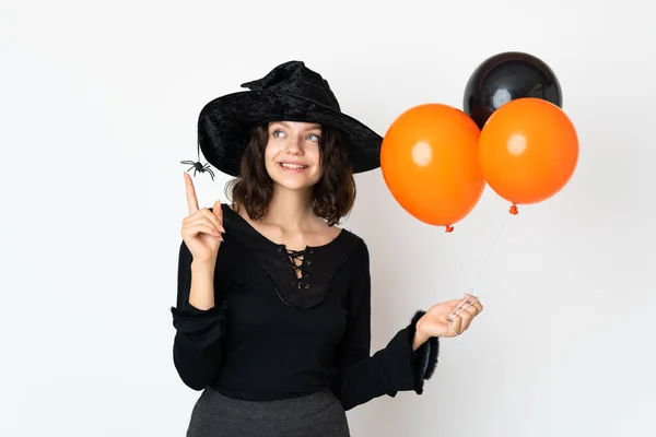 Young Witch Holding Black Orange Air Balloons Pointing Great Idea — Stock Photo, Image