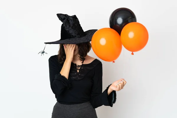 Young Witch Holding Black Orange Air Balloons Tired Sick Expression — Stock Photo, Image