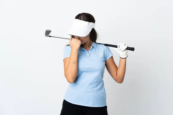 Jovem Golfista Mulher Sobre Isolado Fundo Branco Com Dúvidas — Fotografia de Stock