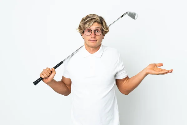 Inglês Homem Jogando Golfe Tendo Dúvidas Levantar Mãos — Fotografia de Stock