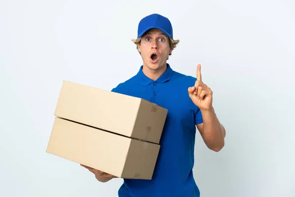 Entrega Homem Sobre Fundo Branco Isolado Com Intenção Realizar Solução — Fotografia de Stock