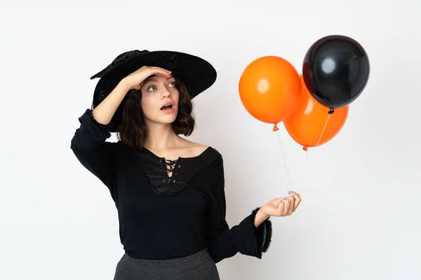 Jeune Sorcière Tenant Des Ballons Air Noir Orange Faisant Geste — Photo