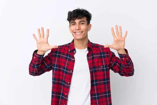 Jonge Argentijnse Man Geïsoleerde Witte Achtergrond Tellen Tien Met Vingers — Stockfoto