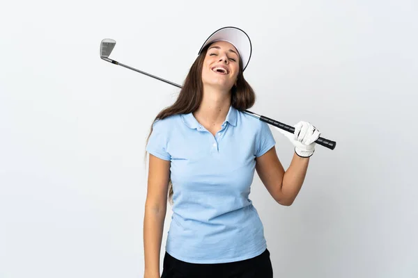 Ung Golfare Kvinna Över Isolerad Vit Bakgrund Skrattar — Stockfoto
