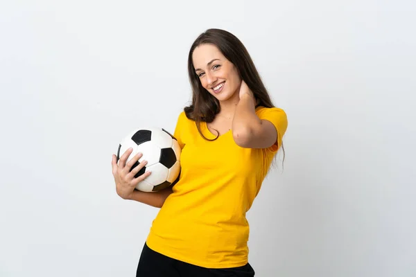 Joven Futbolista Mujer Sobre Aislado Blanco Fondo Riendo — Foto de Stock