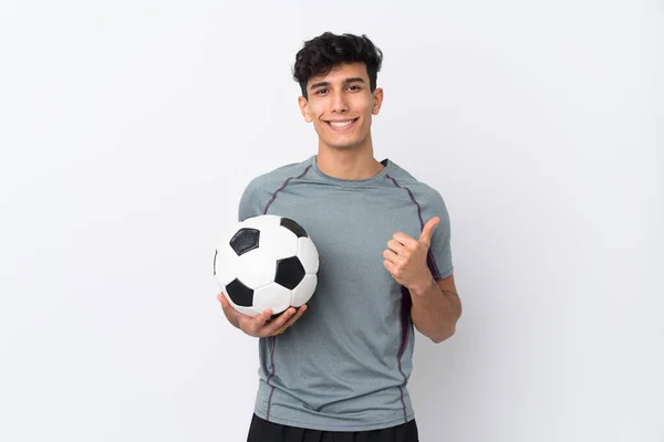 Hombre Futbolista Argentino Sobre Fondo Blanco Aislado Con Pulgares Arriba —  Fotos de Stock