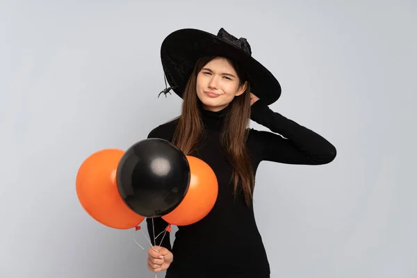 Jeune Sorcière Tenant Des Ballons Air Noir Orange Ayant Des — Photo