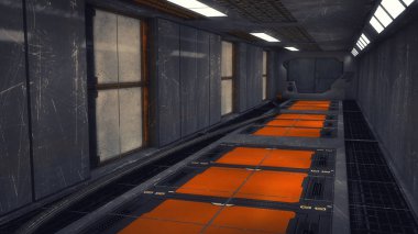 3D render. Film ya da arka plan için fütüristik iç tasarım