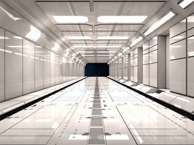 3D render. Film ya da arka plan için fütüristik iç tasarım