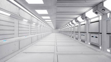 3D render. Film ya da arka plan için fütüristik iç tasarım