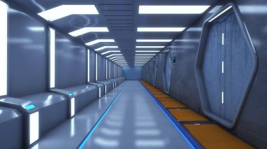 3D render. Film ya da arka plan için fütüristik iç tasarım
