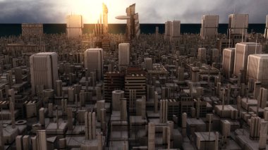 3D görüntüleme. Gelecekçi şehir ve uzay gemileri