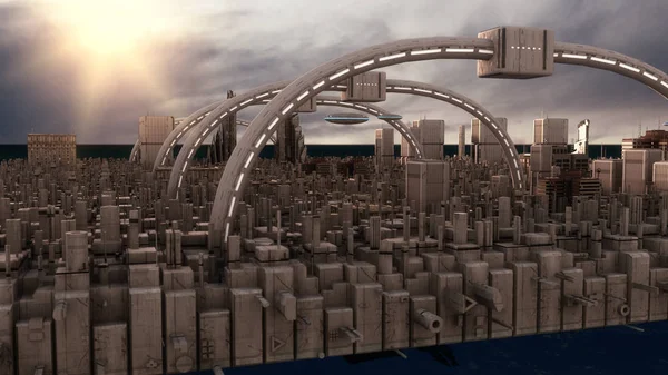 Renderização Cidade Futurista Naves Espaciais — Fotografia de Stock