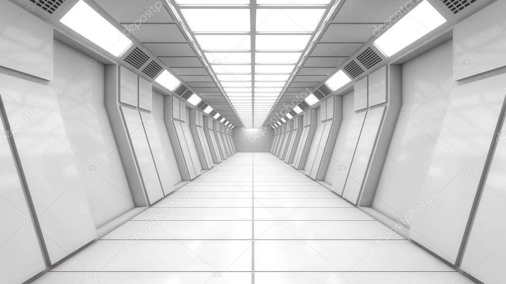 3D render. Futuristic empty interior corridor