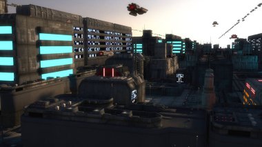 3D görüntüleme. Gelecekçi şehir ve uzay gemileri